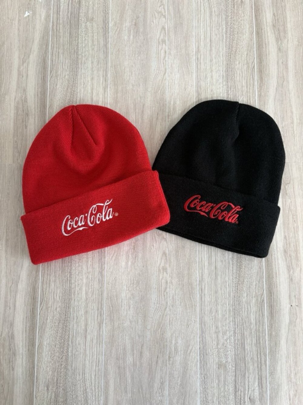 Coca Cola Beanie Hats Unisex Black Red Embroidered Cuffed Knit Set of 2